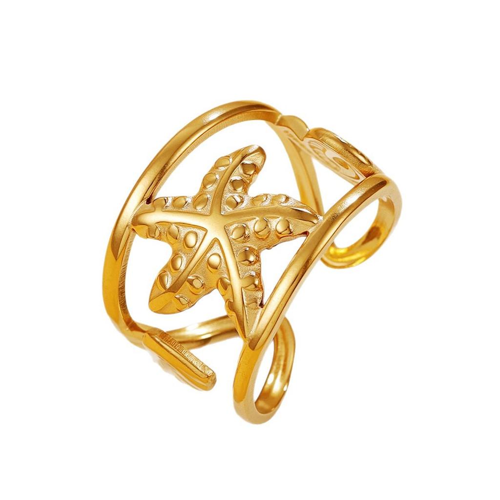 Fresh Ocean Resort Starfish & Shell Open Ring - Stainless Steel Jewelry for Women