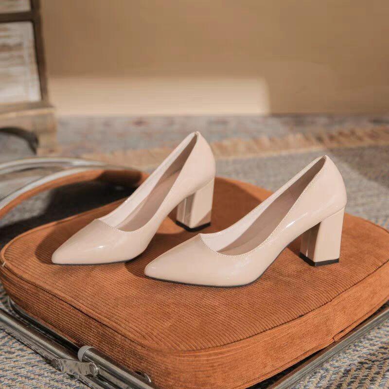 Fashion Patent Leather Block Heel Single Shoes Autumn New Pointed Toe Shallow Mouth Slip Foot Anti-Slip Wear-Resistant High Heels