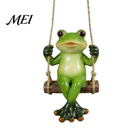 Pastoral Style Outdoor Decor Garden Swing Frog Statue, Resin Hanging Ornament, Whimsical Hand Painted Crafts Cute Figurine for Front Porch Yard