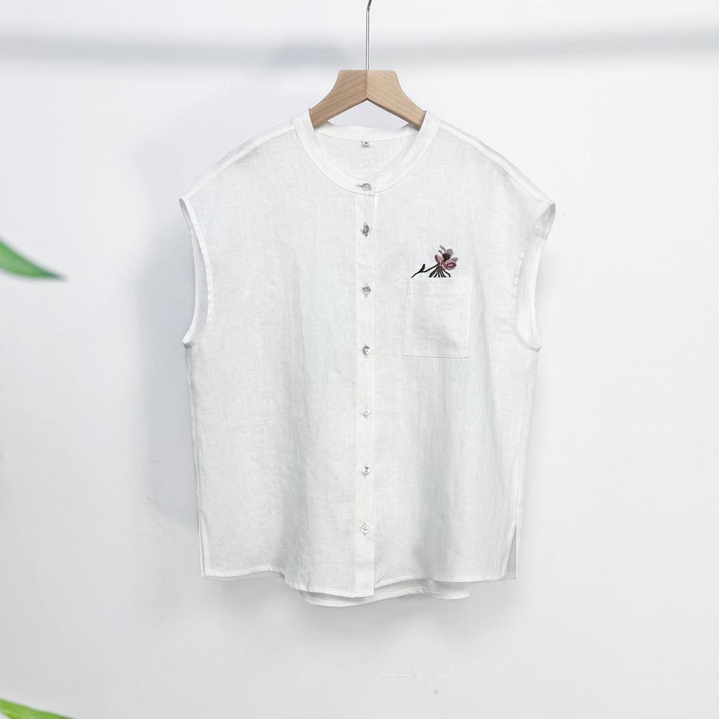 Literary Retro Women's Sleeveless Linen Embroidered Blouse - Summer Stand Collar Loose Fit, Slimming Plus Size.