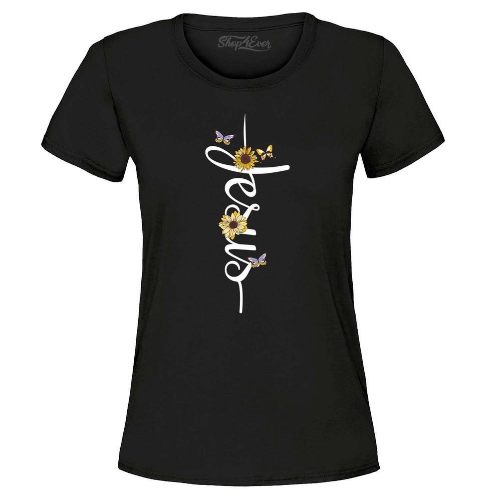 

Jesus Script Cross Flowers and Butterflies Women s T-Shirt Religious Shirts XL
