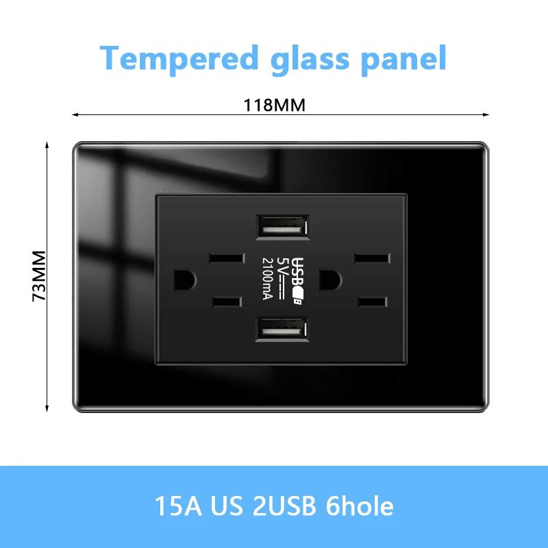 American Black Tempered Glass 15A Light Electrical Switch,US Plug USB Type-c Quick Charge Wall Power Outlet,Mexico Switch Outlet