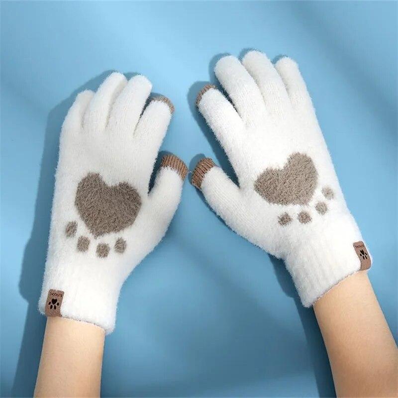 Fashion Cat Paw Printing Gloves Mobile Phone Touchscreen Knitted Gloves Winter Thick & Warm Adult Soft Fluffy Gloves Men's Women