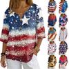 Women's Fashion V Neck Button Front Pullover Top Independence Day Print Three Quarter Sleeve Casual Shirt
