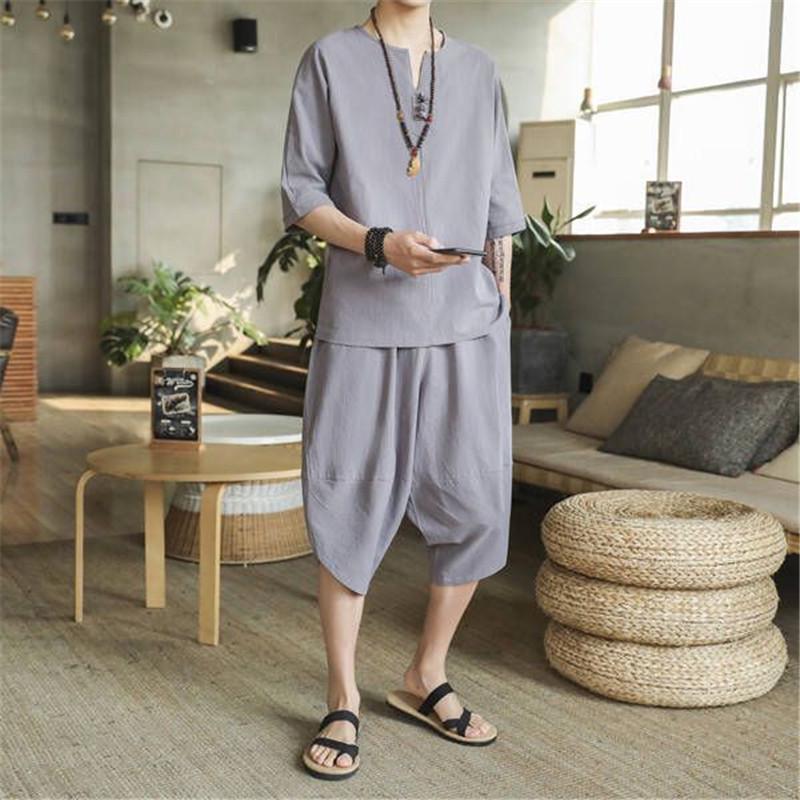 Men's Summer Cotton and Linen Sets Fashion Two Piece Sets Men Loose Capris Casual Tang Suit Large Size