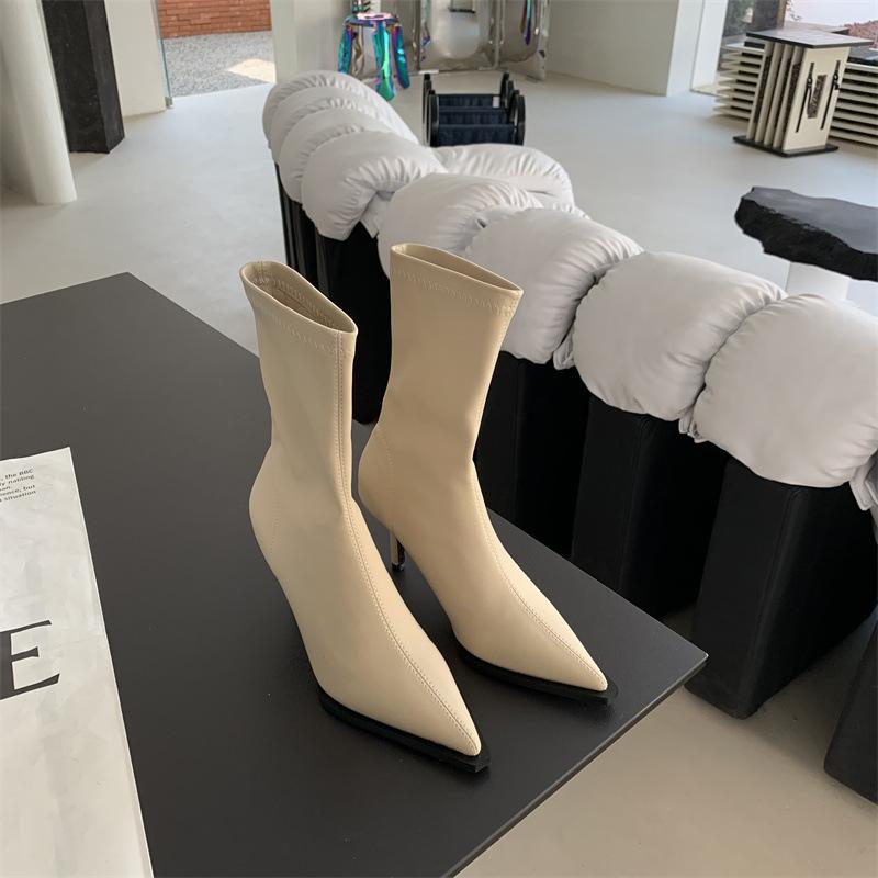 

осень 2025 новые европейский и американский стиль универсальные туфли-лодочки на высоком каблуке короткие модные ботильоны с эластичным голенищем 39