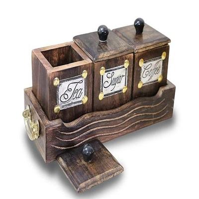 Wooden Table Top Large 3 Container Canister Set with Tray and Lid for Tea Coffee Sugar 600 Ml Box
