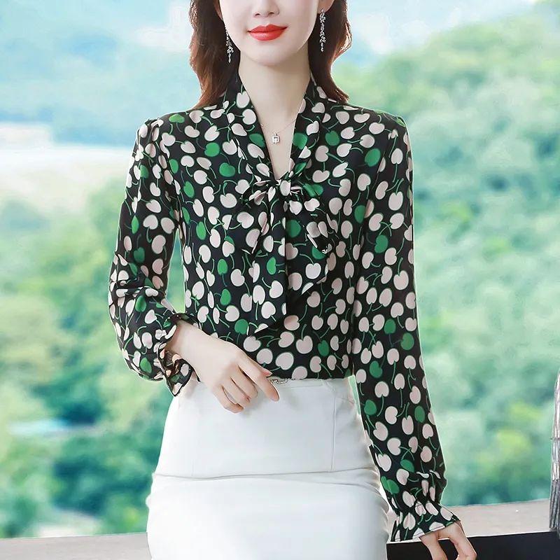 Lace Up Chiffon Shirt Women's New Korean Long Sleeve Print Ribbon Bottoming Top Scarf Collar Blouse M-4XL
