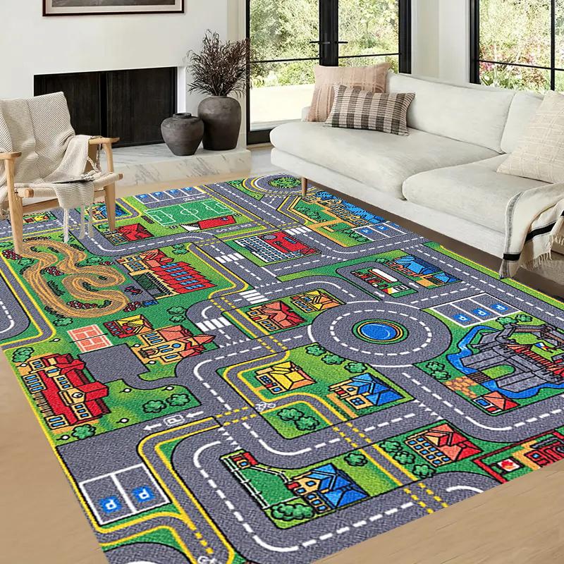 Racetrack and City Map Area Rug Kids Playroom Non Slip Floor Mat Cartoon Bedroom Home Decor Durable Washable 1PC