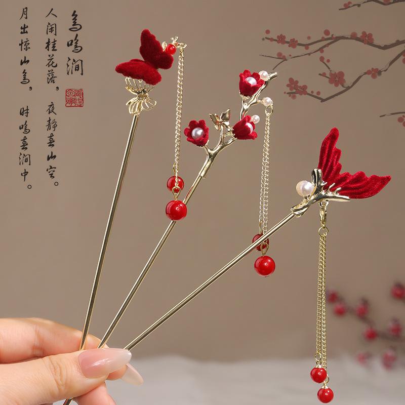 Vintage Chinese Style Rose Hairpin For Women Red Flower Element Tassel Hair Stick Elegant Exquisite Handmade Hair Accessories