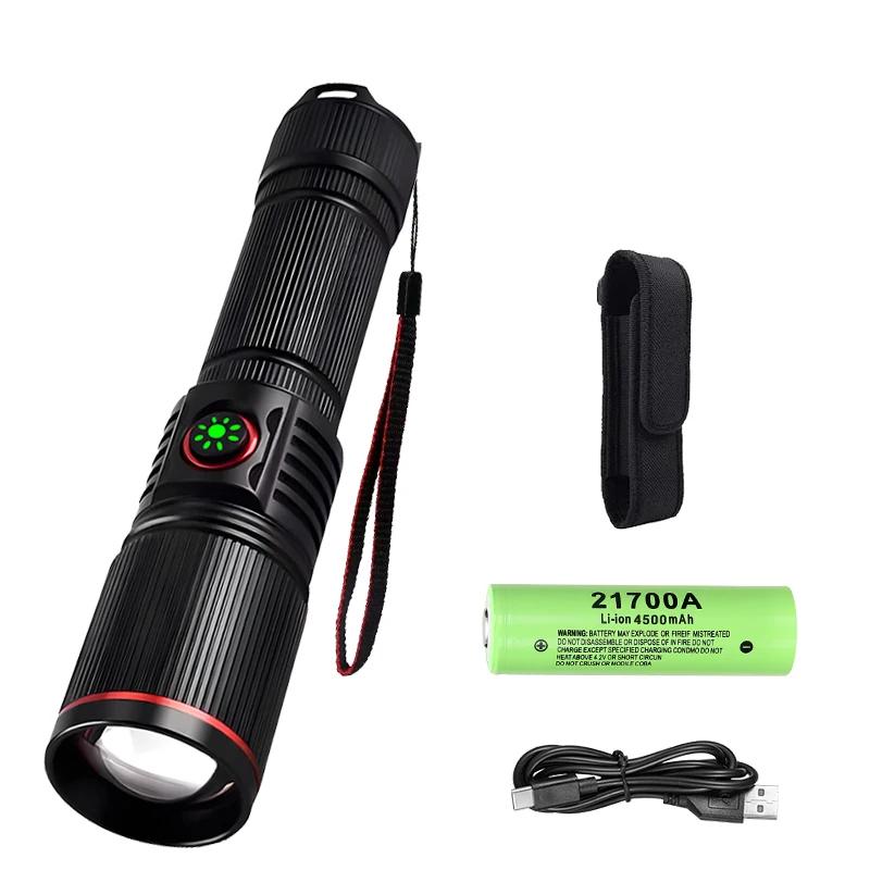 Powerful LED White Laser Flashlight 18650 or 21700 Battery Aluminum Alloy Zoom Torch Light Lamp with Tail Rope Power Indicator