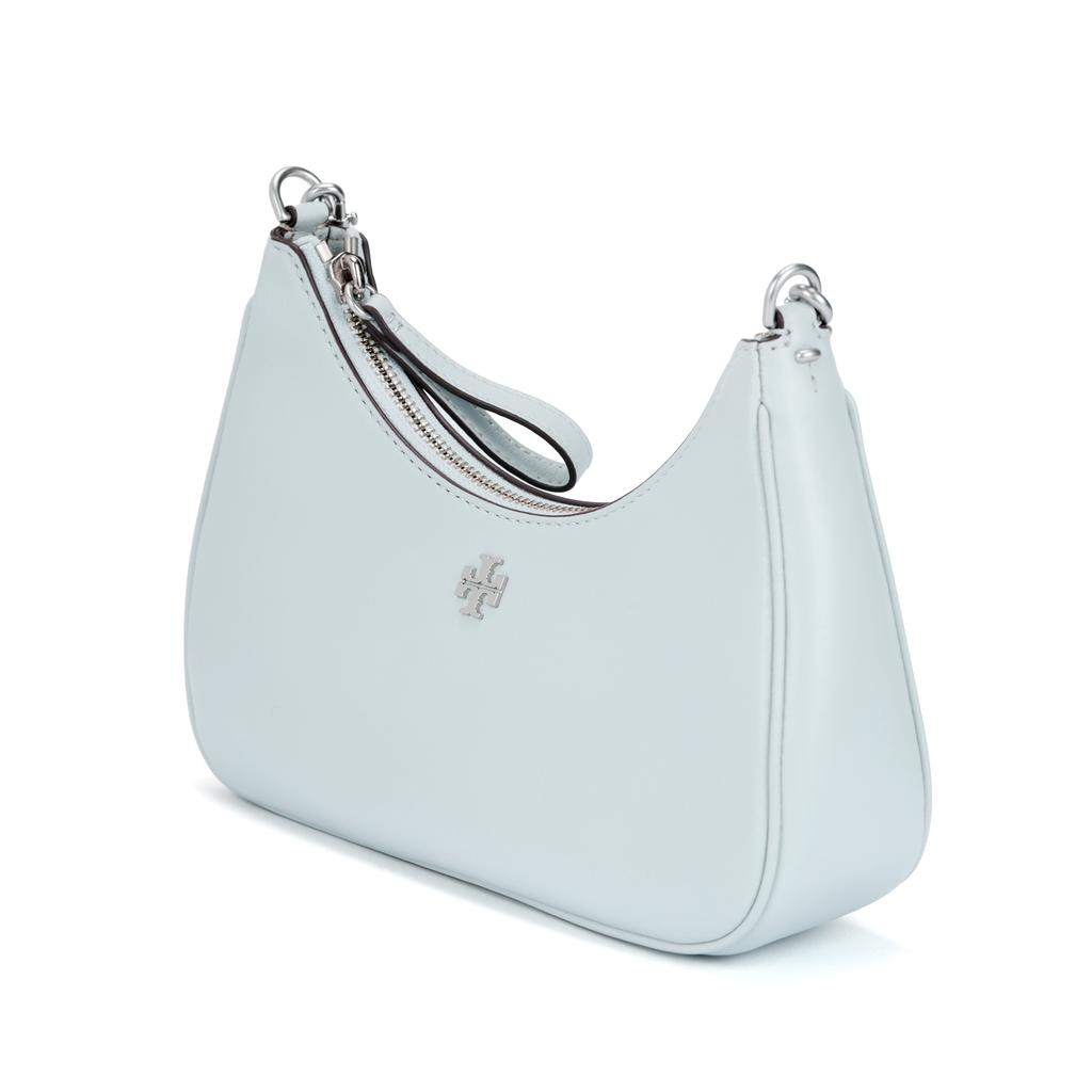 Tory Burch 151 Mercer Silver Double T Logo Detachable Shoulder Strap Nappa Leather Crescent Bag Women Handbags Gray Blue 149179-400