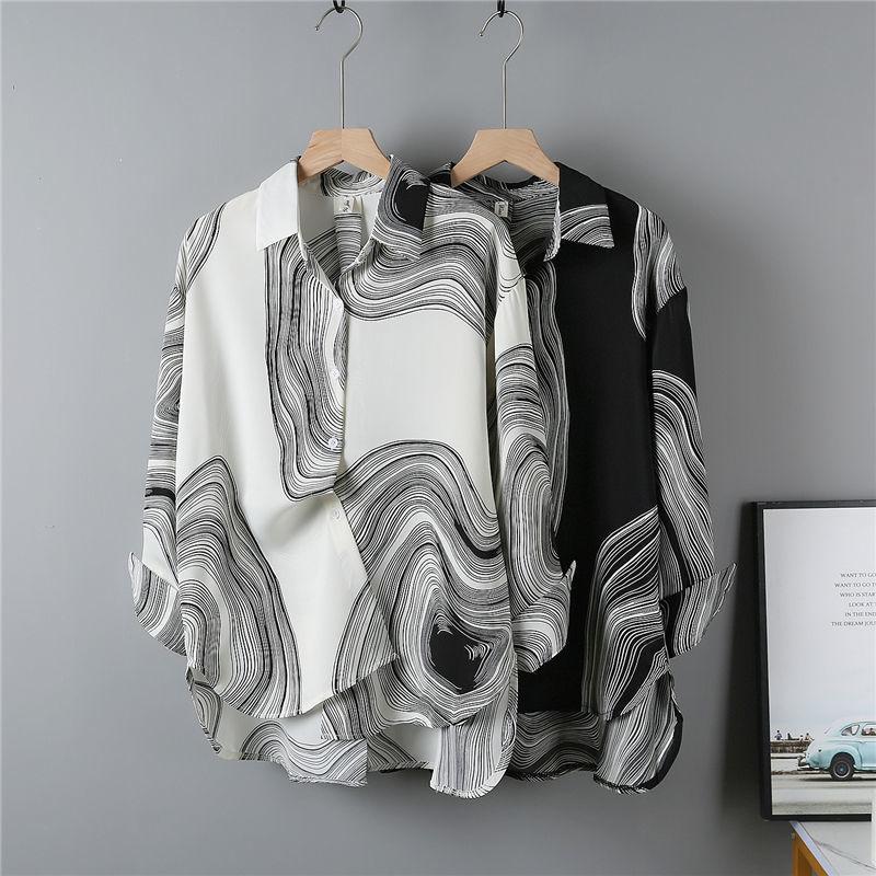 

Shirt for Women Oversize Irregularly Streak Loose Blouse Casual Long Sleeve Pullover Turn Down Collar Shirt Top S белый