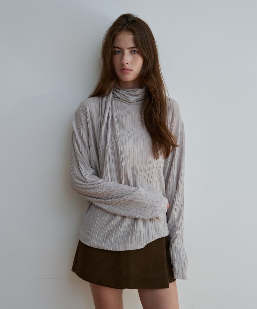 KEYAMO Pleated Scarf Turtleneck Top_Greyish Beige