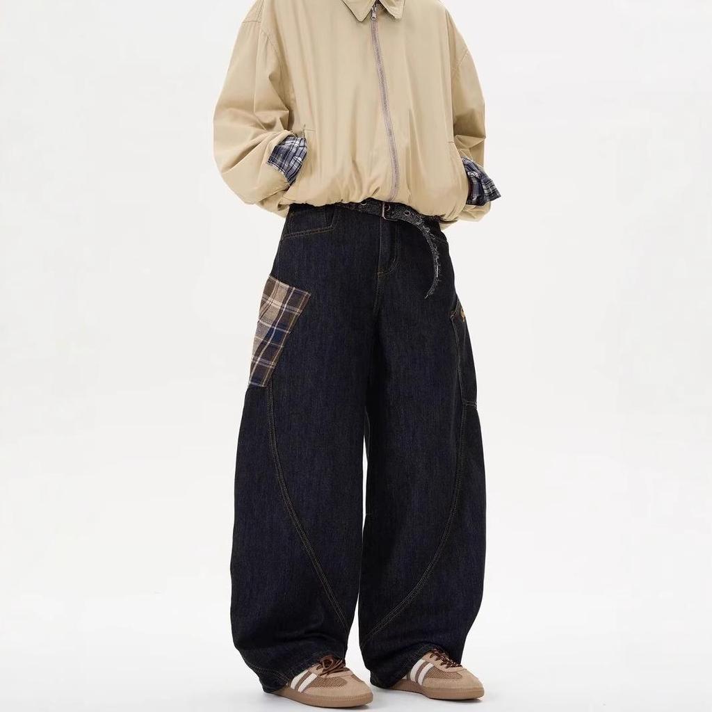 Pánské kostkované patchworkové zeštíhlující džíny se širokými nohavicemi