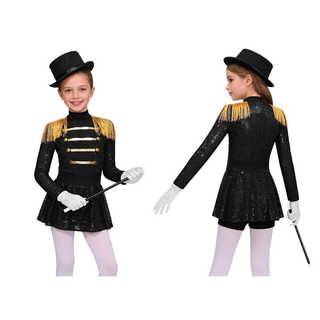 Kids Girls Circus Ringmaster Costume Shiny Sequins Performance Jumpsuit Halloween Cosplay Carnival Fancy Dress