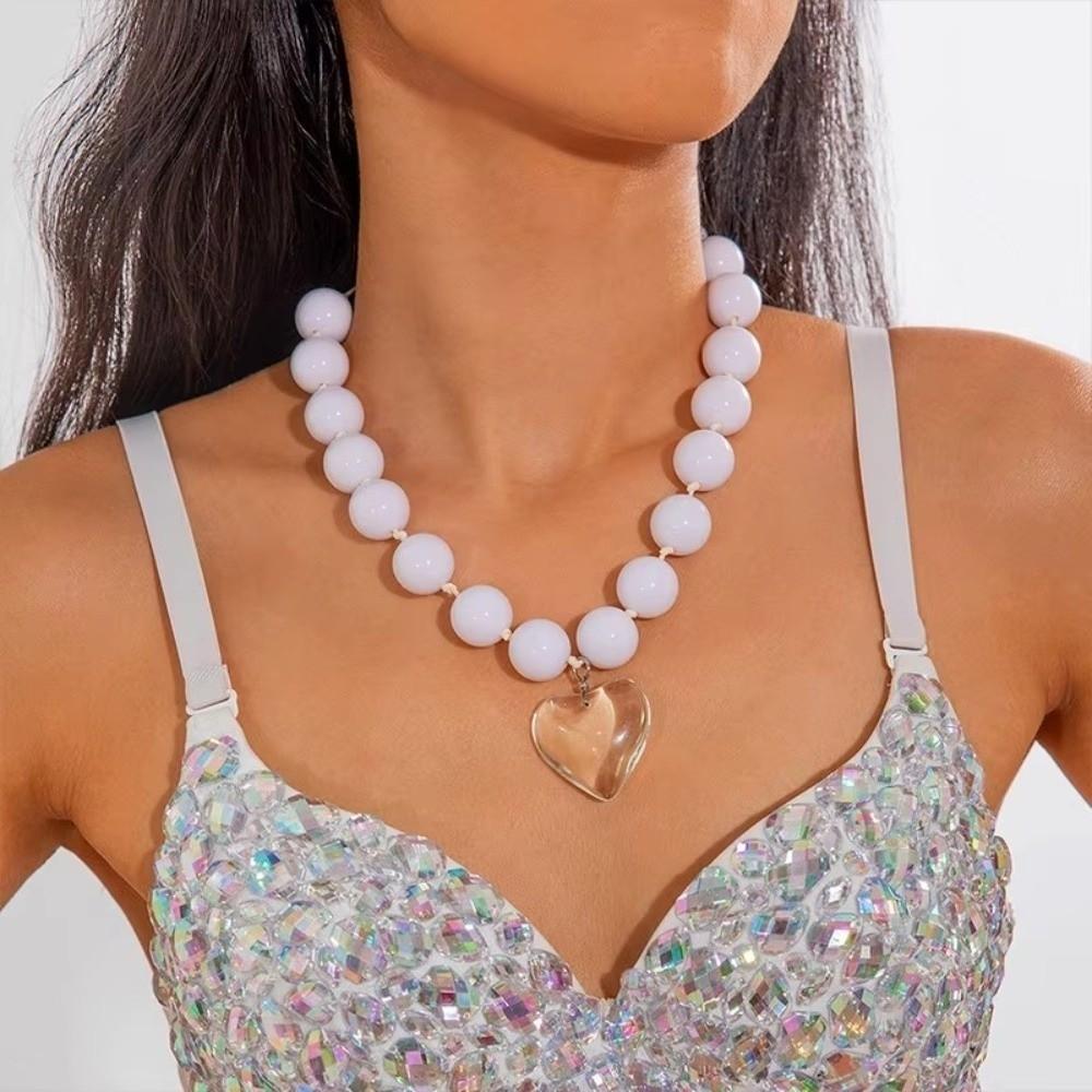 Adjustable Heart-shaped Pendant Necklace Metal Acrylic Round Bead Necklace For Women