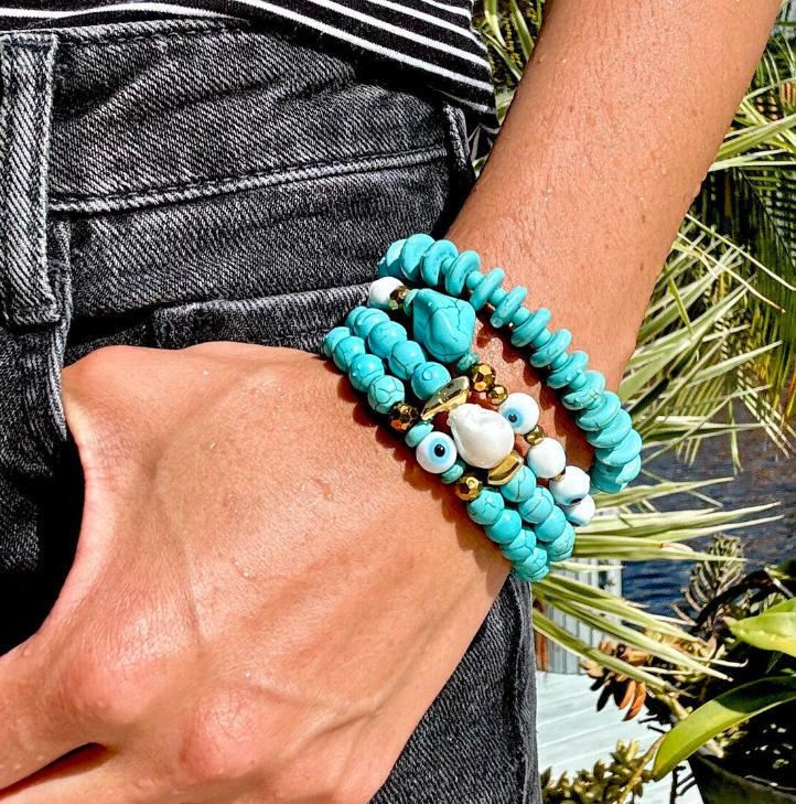 Turquoise Evil Eye Bead Bracelet Set Handmade Geometric Design For Men Gift