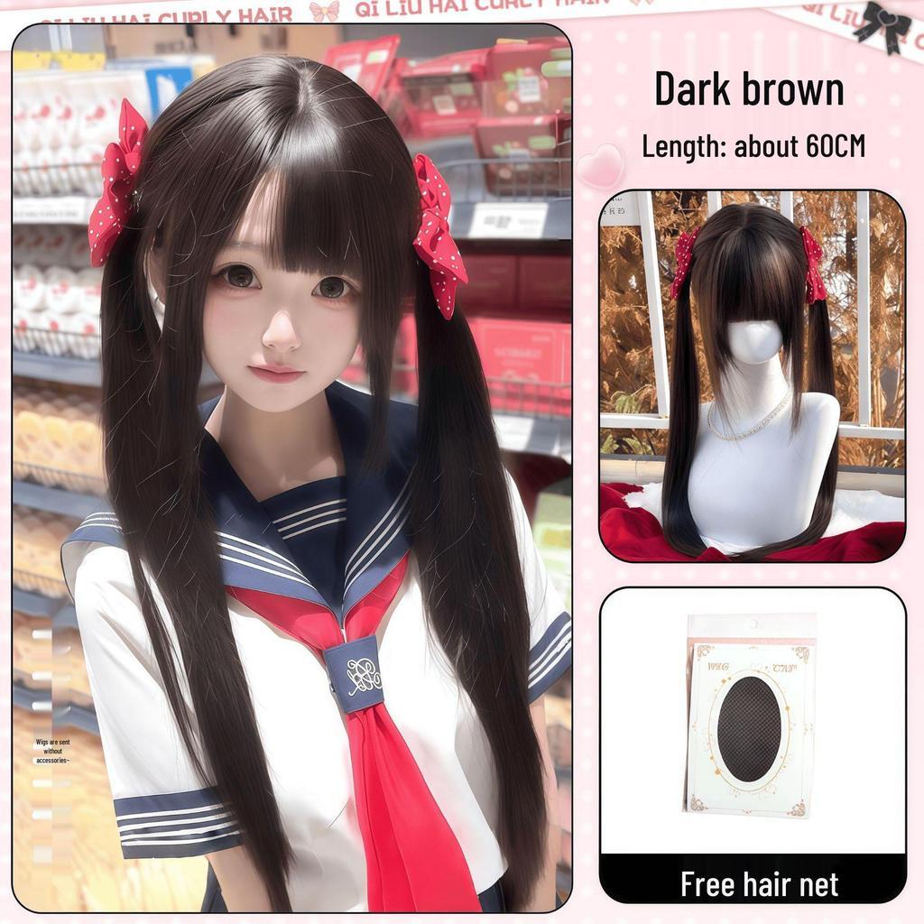Long Black Straight Lolita JK Double Ponytail Wig for Women