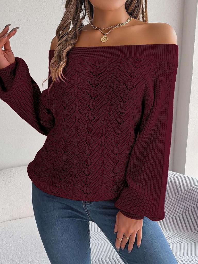 Real Shot 2025 Autumn/Winter Off-Shoulder Lantern Sleeve Sweater - Women's Solid Color Casual Wear