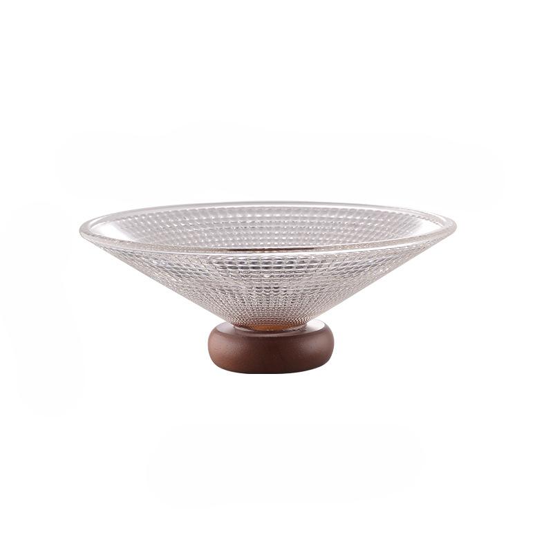 

Стеклянный поднос для фруктов на резиновом деревянном основании, домашний чайный столик, легкая роскошная тарелка для фруктов на высоких ножках, десертная тарелка