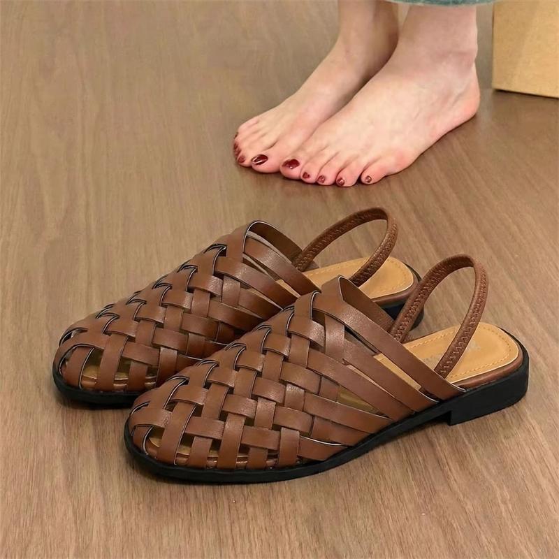 Handgefertigte Gewebte Mules Flache Sandalen Damen Sommer Lässig Große Größe Römische Schuhe Schmaler Riemen Slip-on Zehenbedeckung Gladiator Sandalen