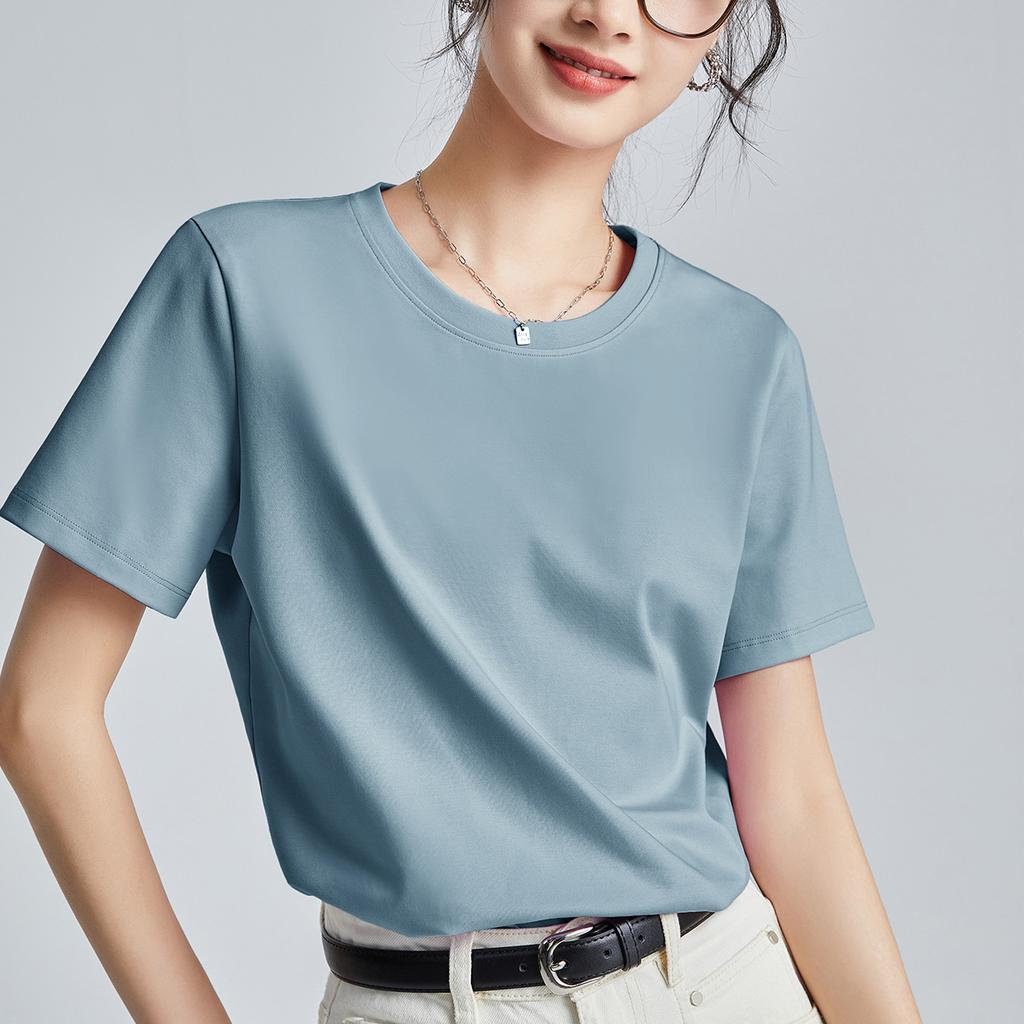 High-quality mercerized cotton women's short-sleeved new loose inner and outer wear round neck liquid ammonia bottoming shirt