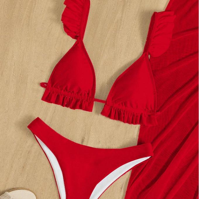 2024 European-American Bikini Three-Piece Set: Sunscreen Mesh Skirt Vacation Swimsuit