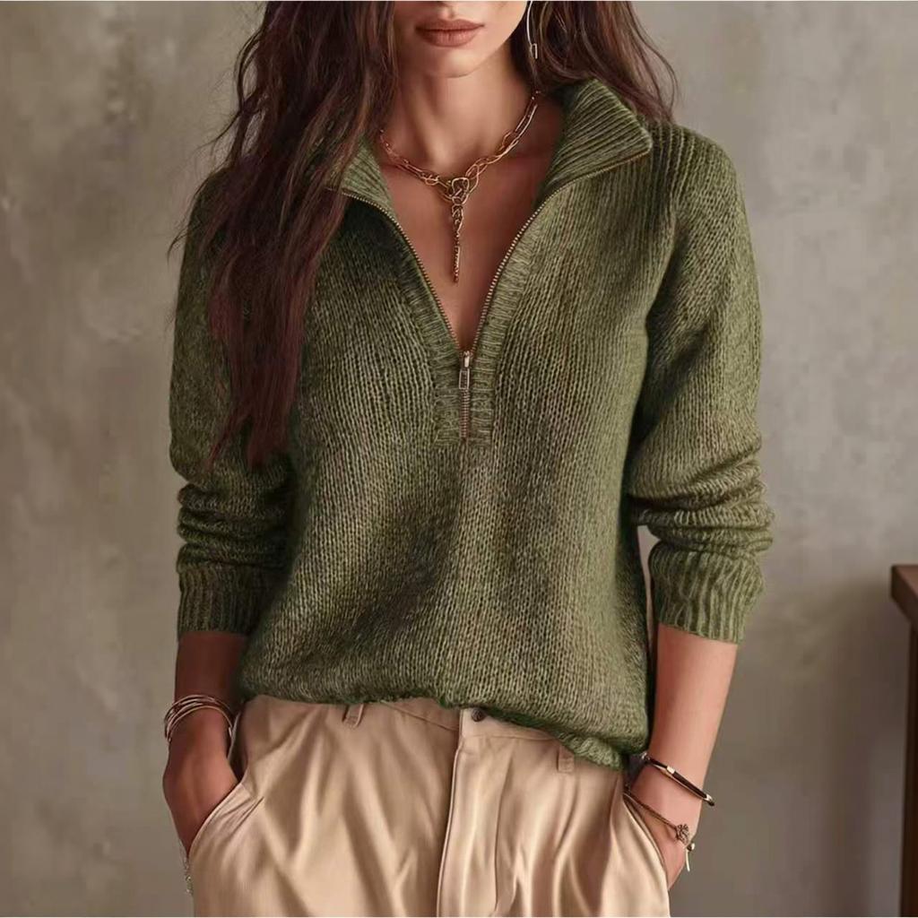 Women's Color Half Zip Long Sleeve Sweater Top Casual Knit Pullover with Collar