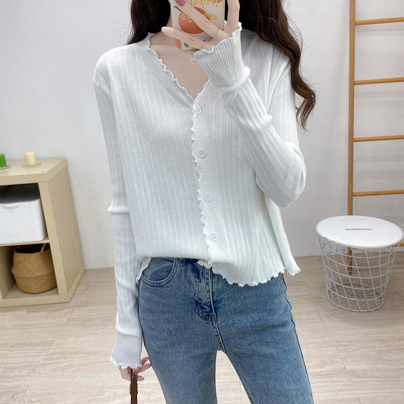

New Lazy Wind Long Sleeve Knitted Sweater Top Thin Cardigan Sweater Women s Fungus Edge Jacket One size белый