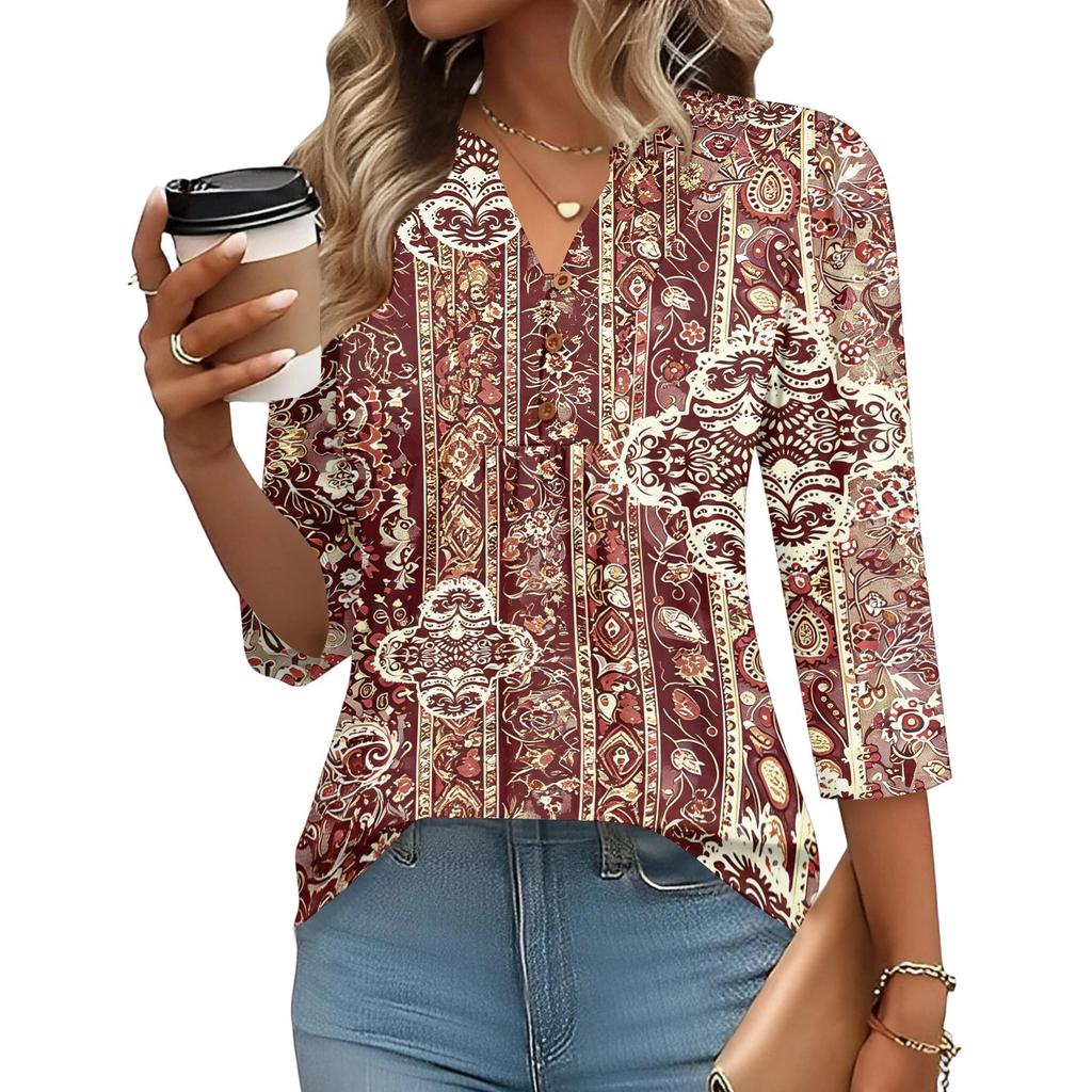 Women’s Relaxed Fit Three Quarter Sleeve Top with Vintage Inspired Pattern Comfortable Lightweight Fabric Stylish Design