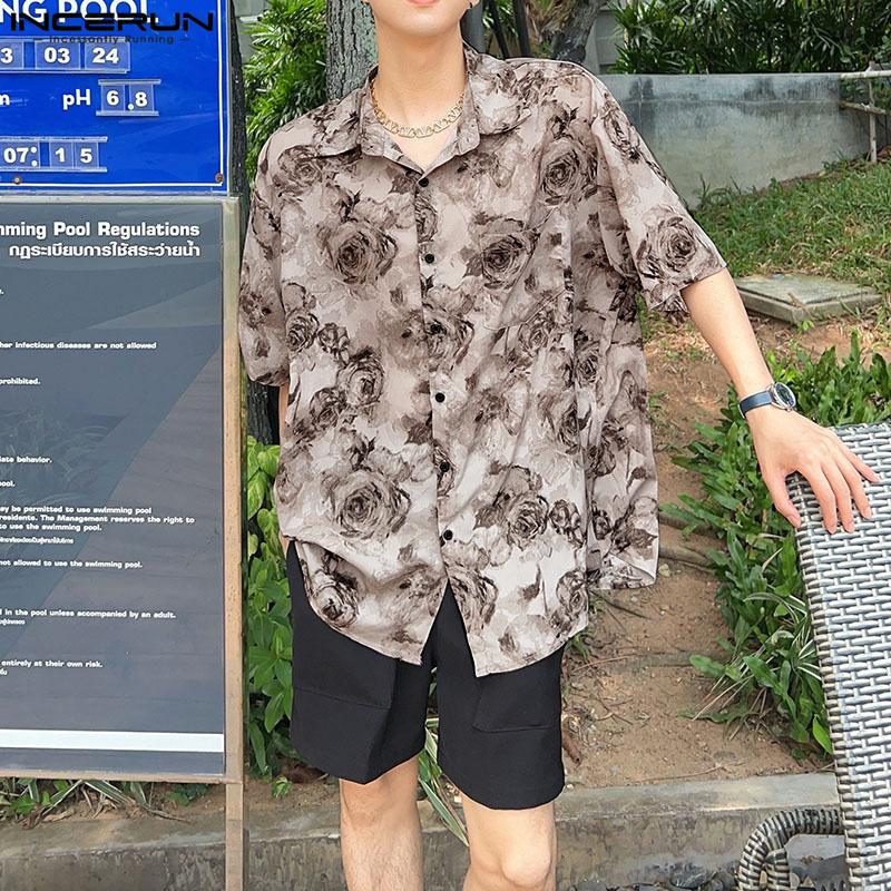 INCERUN Oversized Men Lapel Floral Printed Shirts Beach Holiday Tops