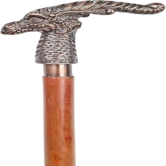 Canne en bois avec manche en cuivre et tête de dragon, fabriquée à la main