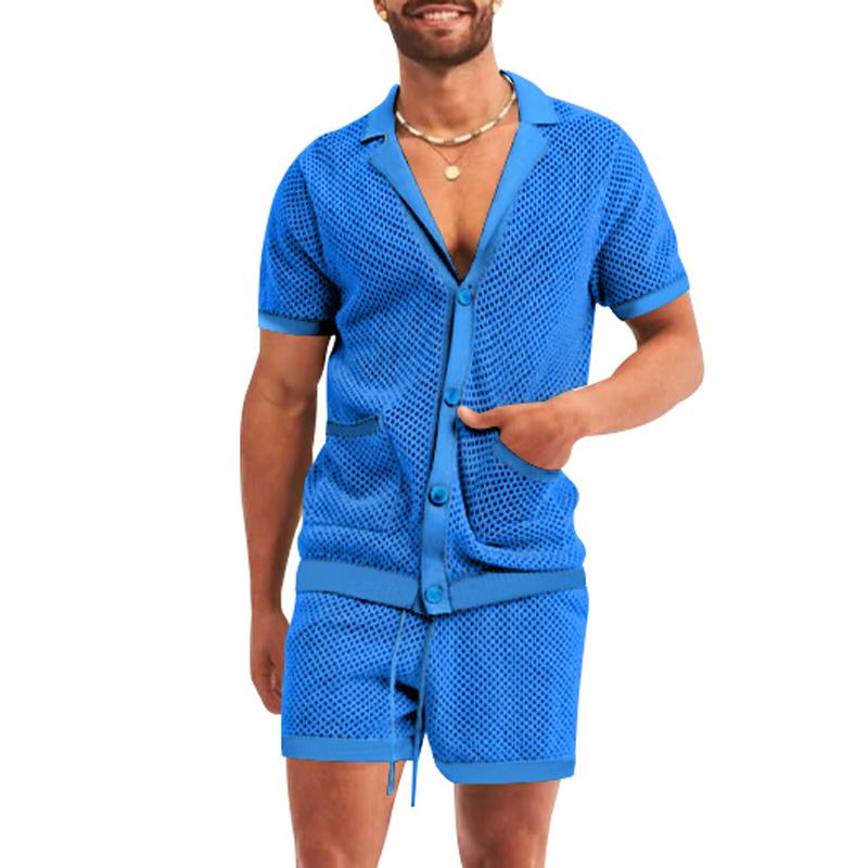 Summer Men's V-neck Short-sleeved Cardigan and Shorts Suit, Fashion Hollow and Breathable Two-piece Men's Suit