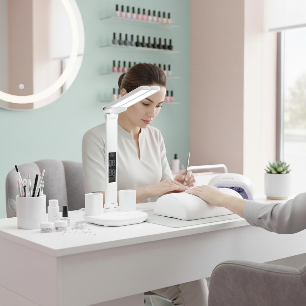 LED desk lamp with display, drafting clock, dual temperature