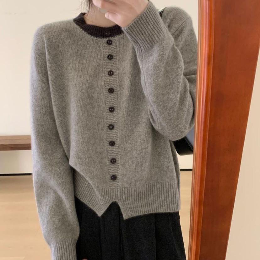 Single-breasted Knitted Sweater for Women Korean-style Round-neck Sweater Loose and Fashionable Long-sleeved Pullover for Women In Autumn and Winter