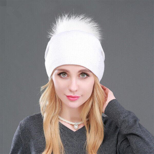 Women Winter Warm Cashmere Wool Knitted Real Fur Pom Pom Ball Beanie Hat