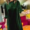 Women's Solid Color Velvet 3/4 Sleeve Ruffle Cuff Loose Straight Short Dress Casual Shift Mini Dresses