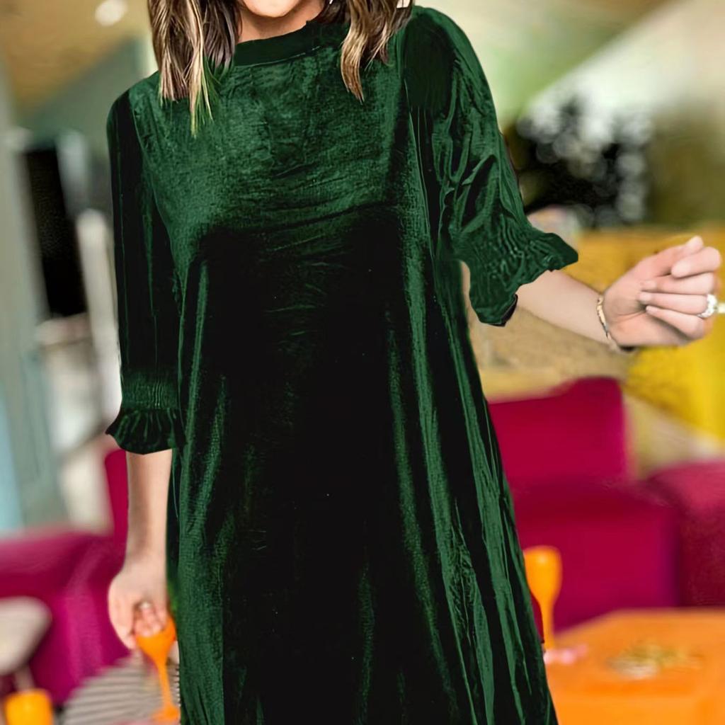 Women's Solid Color Velvet 3/4 Sleeve Ruffle Cuff Loose Straight Short Dress Casual Shift Mini Dresses