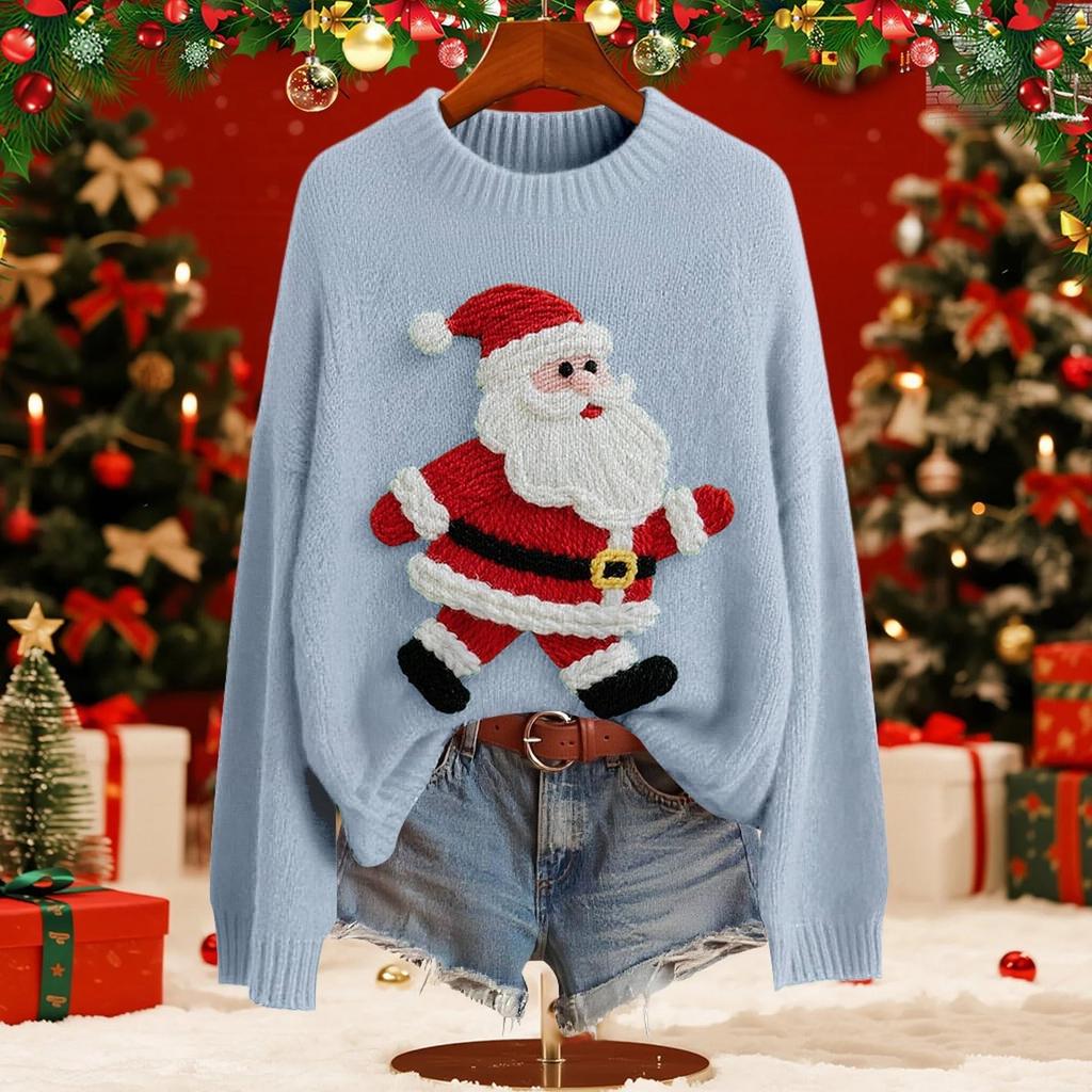 Women's Fashion Christmas Print Pullover Long-Sleeve  Neck Knit Sweater Top