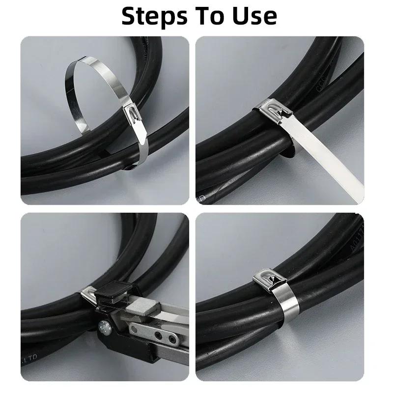 100Pcs 304#Stainless Steel Cable Ties Heavy Duty Self-Locking Cable Zip Tie Multi-Purpose Metal Exhaust Wrap Locking Ties