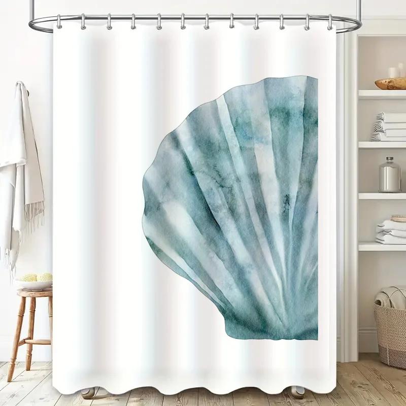 Watercolor Shell Bath Curtain Blue Green Decorative Shower Curtain for Bathroom Home Decoration Extra Long Size 72x84 Inches