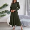 Spring Summer Women Long Sleeve Solid Pleated High Waist A Line V-Neck Long Dress