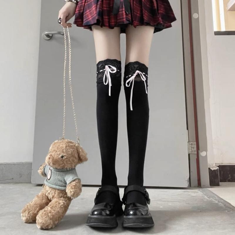 Women Ballets Style Bows Over Knee Socks Stockings Lace Frilly Thigh Highs Socks Student Girls Lace Top Long Stockings