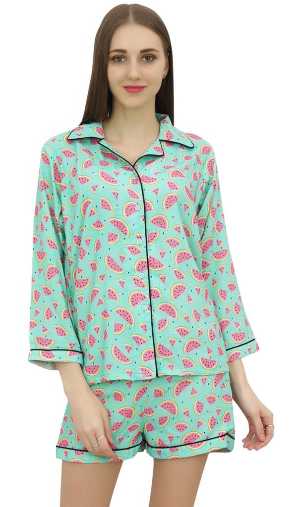 Bimba Mint Green Button-Down Shirt With Elastic Waist Shorts 2 Pcs Night