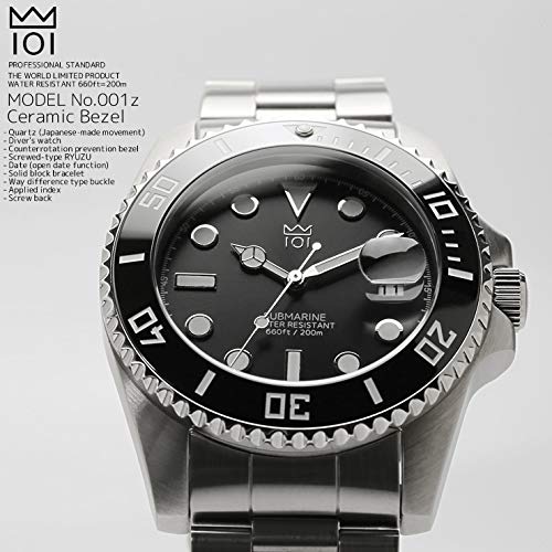 HYAKUICHI 101 Diver's Watch 20 ATM Water Resistant Ceramic Bezel Calendar Watch Metal Band Men's (Black)