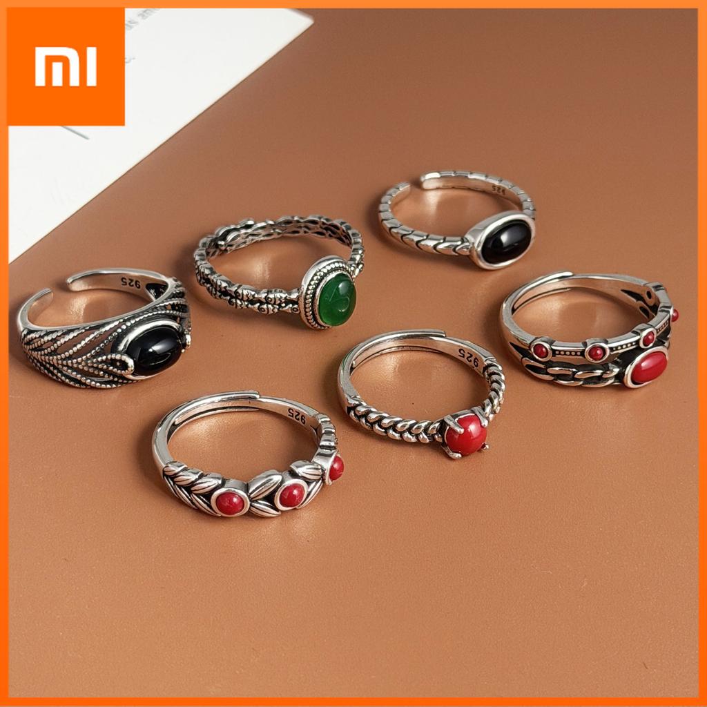 Xiaomi BF CLUB 925 Sterling Silver Ring For Women Jewelry Retro Black Red Stone Vintage Handmade Ring Allergy For Party Birthday Gift