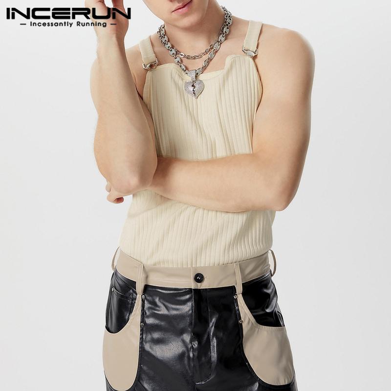 

INCERUN Men Strap Sleeveless Solid Color Casual Rib Tank Tops 5XL бежевый