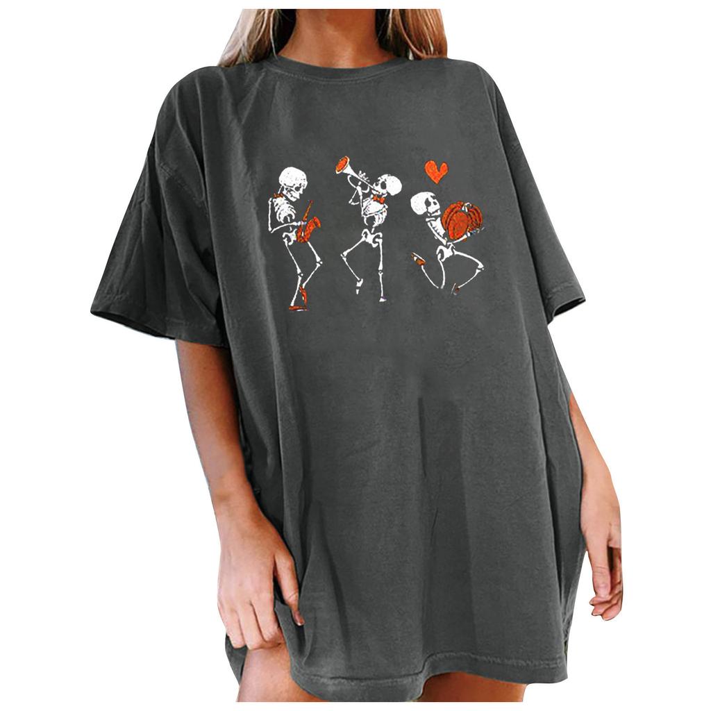 Women's Loose Blouse Round Neck Short Sleeve Halloween  Print T-shirt Top