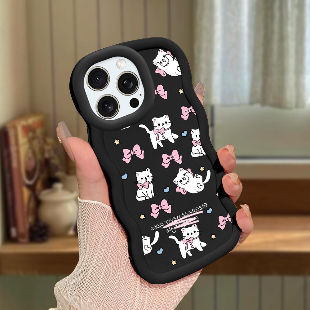 For iPhone Redmi 13 13C 14C Note 13 12 Pro Samsung A05 A06 A13 A14 A15 A16 Honor X6 X6a X8 X8a Soft Wave Edge Bowknot Kitty Pattern Phone Case